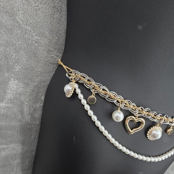 Lovers & Friends Jane Chain Belt Gold Silver Pearls Hearts Adjustable Bling New - Picture 3 of 13
